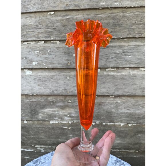 Vintage MCM Orange/Clear Ruffled Art Glass Pedestal Vase - Picture 4 of 10